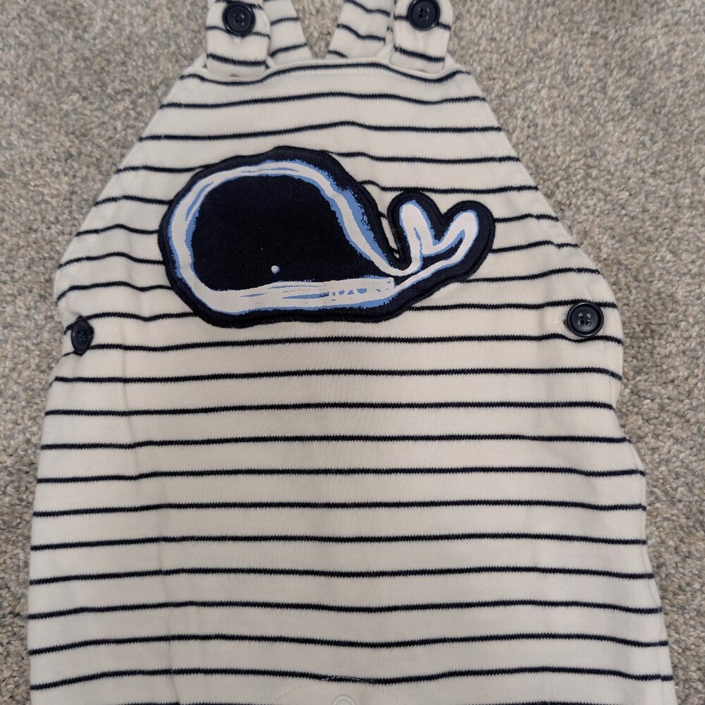 Striped Baby Overalls with Whale Design